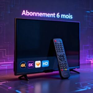 Abonnement IPTV 6 mois avec design high-tech, icônes 4K, 8K, HD
