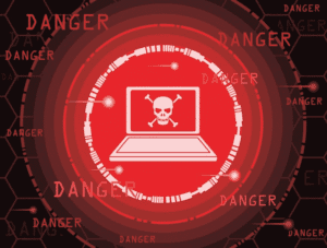 Ordinateur portable avec crâne et "DANGER" répété - Alerte cybersécurité
