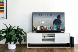 Salon moderne avec TV Sony et interface streaming légal