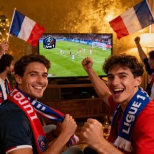 supporters de Ligue 1 France célèbrent devant la télévision avec IPTV, ambiance festive, drapeaux et écharpes, soirée football