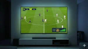téléviseur 4K UHD affichant un match de la Ligue 1 en streamingen 2026 avec image stable