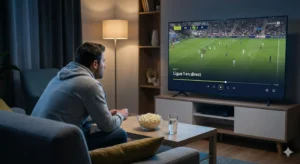 écran de téléviseur 4K affichant un match de la Ligue 1 en streaming en 2026 dans un salon convivial