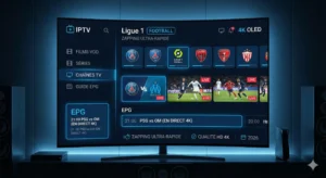 Interface meilleur iptv moderne sur téléviseur 4K – expérience fluide en 2026