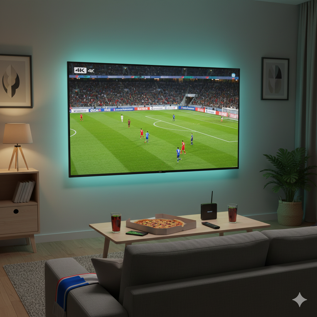 Setup IPTV France 2026 avec grande TV, lumière d'ambiance et match de foot