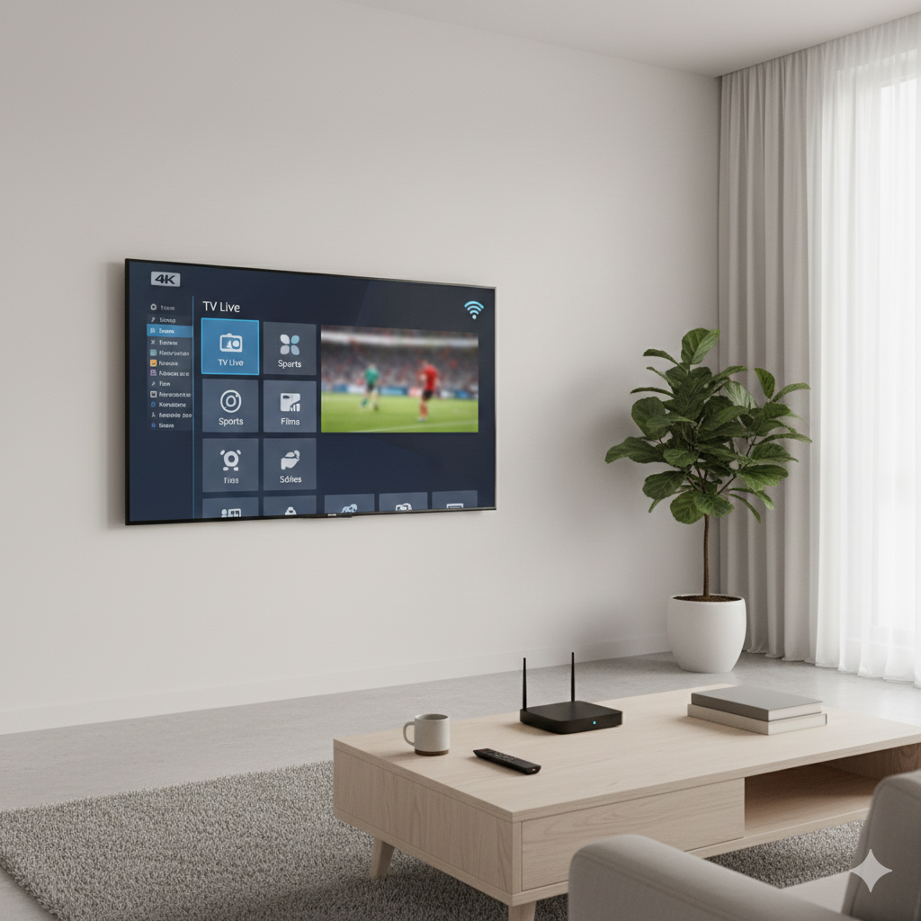 Offre IPTV à vendre illustrée par une Smart TV 4K dans un salon moderne avec interface IPTV professionnelle Offre IPTV à vendre illustrée par une Smart TV 4K dans un salon moderne avec interface IPTV professionnelle