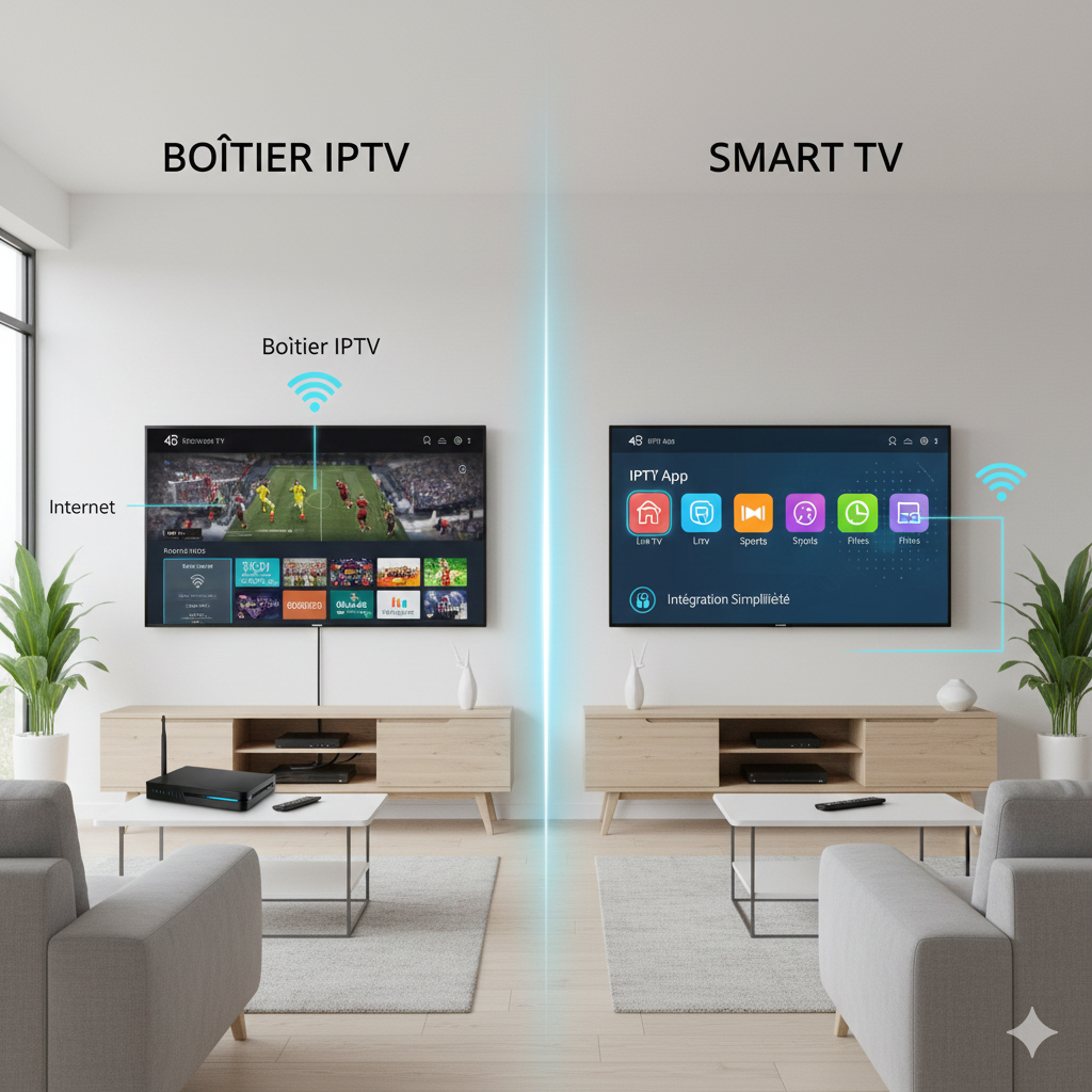 Comparatif 2026 entre boîtier IPTV et Smart TV dans un salon moderne. Comparatif 2026 entre boîtier IPTV et Smart TV dans un salon moderne.