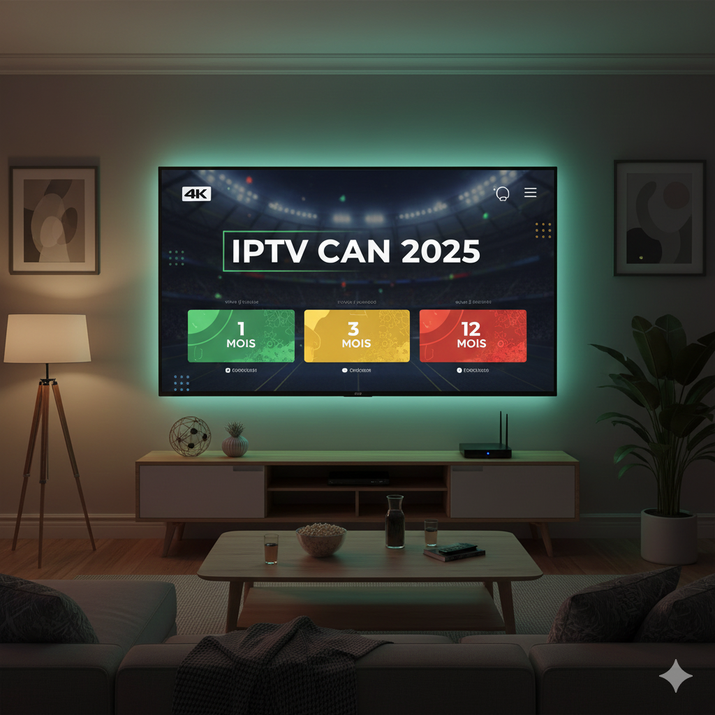 Offre IPTV CAN 2025 affichée sur une grande TV dans un salon moderne avec les formules 1 mois, 3 mois et 12 mois